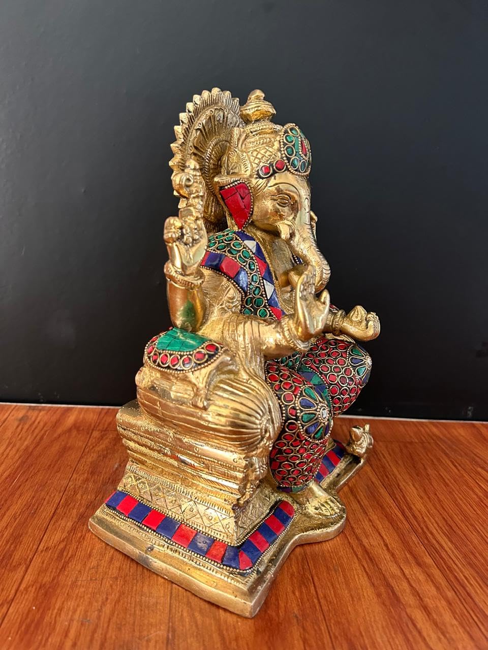 Brass Ganesha Statue With Mosaic, 24 Cm Stone Work Brass Ganesh Statue, Ganpati Idol, Good Luck Gift For New Beginnings, House W